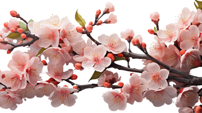A stunning peach tree branch full of delicate pink flowers, forming an ornate corner border design, isolated on transparent background.