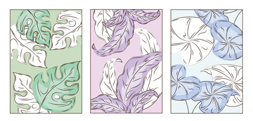 Posters with drawn leaves set. Minimalistic art object. Green, blue and violet foliage. Spring or summer. Aesthetics and elegance. Linear vector collection