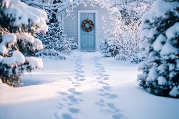 Snowy path leading to a welcoming home adorned with a wreath