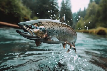 A large salmon leaps out of the water, creating a splash