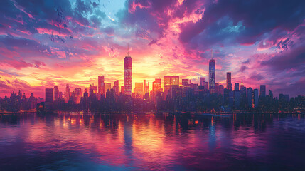 Naklejka premium city, sunset, skyline, sky, buildings, cityscape, clouds, water, sun, night, sunrise, building, architecture, skyscraper, downtown, evening, morning, dusk, urban, timelapse, silhouette, river, view, c