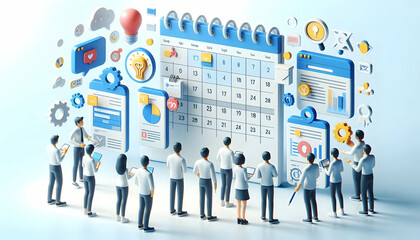 3D Marketing team collaborating on content calendars soft abstract background copy space on left. concept as A marketing team collaborating on content calendars using digital tools set against a soft 