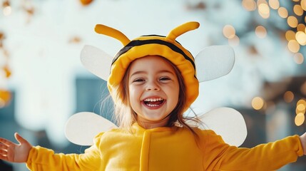 Happy girl in bee costume smiles broadly. Child wearing yellow bee costume enjoys festive occasion. Possible scene for Halloween World Bee Day celebration. Cute child expresses joy in urban