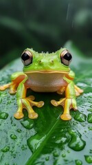 Bright green frog resting on a wet leaf in a rainforest setting
