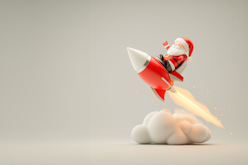 A cheerful 3D Santa Claus rides a sleek spaceship rocket, combining festive charm and futuristic flair. Ideal for holiday promotions, greeting cards, advertisements, and playful seasonal designs.