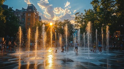 A plaza with water fountains and kids playing, enjoying city life