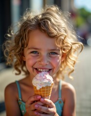 Adorable little girl enjoys a delicious ice cream cone outdoors on a sunny day. Cheerful expression and playful pose capture the joy of summer fun. Cute child relish in sweet treat.
