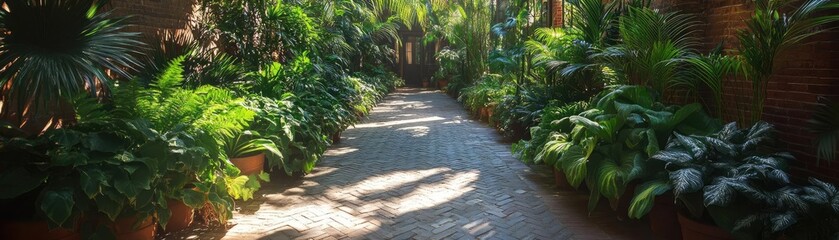 Obraz premium A quiet side street with lush plants, a green escape in the city