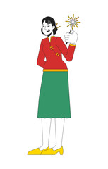 Happy chinese woman in traditional tang suit holding sparkler stick 2D cartoon character. Asian female celebrating spring festival isolated person flat vector on white. Spot illustration colorful