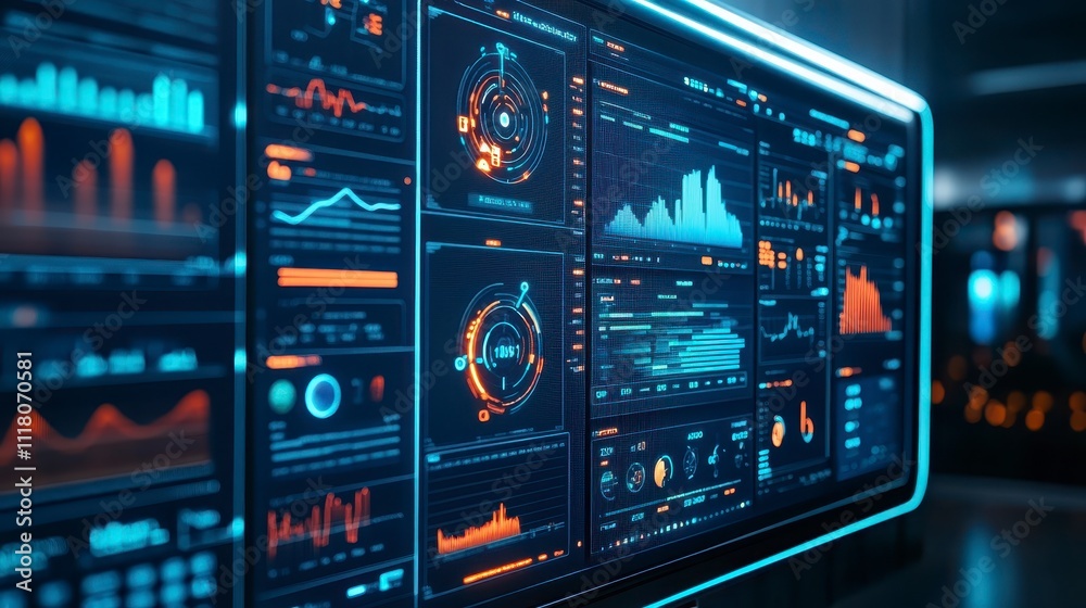 Poster futuristic data analytics dashboard display screen showing charts and graphs