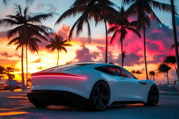 Futuristic electric car parked between palm trees during a stunning sunset with vibrant colors