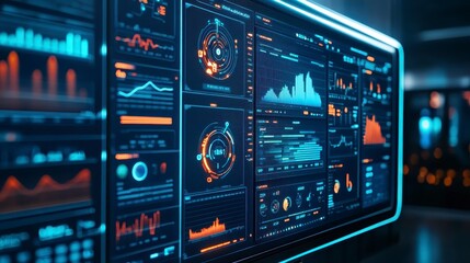 Obraz premium Futuristic Data Analytics Dashboard Display Screen Showing Charts and Graphs