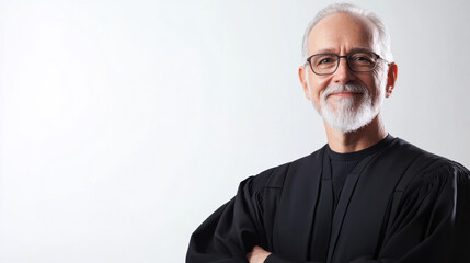 Obraz premium Wise older Caucasian male judge wearing black robe, smiling confidently with crossed arms against a light background.