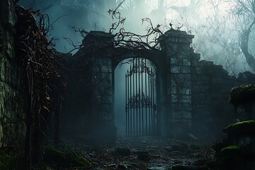 A mysterious foggy path leads through an old, wrought iron gate nestled within crumbling stone ruins in a dark forest.