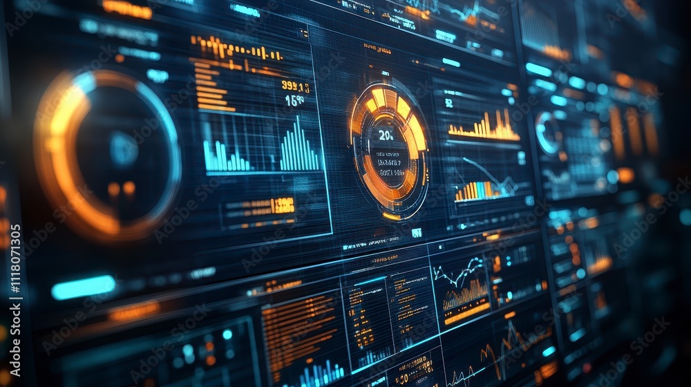 Poster futuristic tech dashboard data analytics ui digital interface graphs charts screens