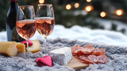 romantic picnic with wine, cheese, and salami on cozy blanket