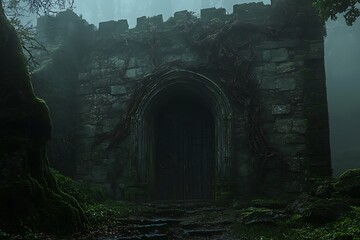 A mysterious and overgrown archway leading into a dark forest, shrouded in fog, the stone structure creates an ominous atmosphere, hinting at ancient secrets and hidden paths.