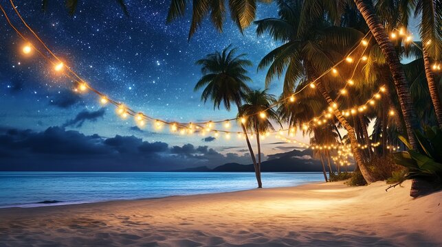 A serene beach at night, illuminated by string lights and surrounded by palm trees under a starry sky.