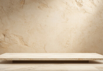 Beige marble table top against a beige textured wall. The wall has a rough and sandy texture.