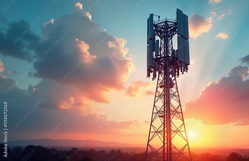 Poster sunset view of tall 5g communication antenna tower. modern tech infrastructure stands tall against c