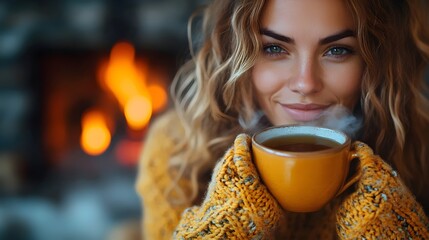 A woman is holding a cup of tea and smiling