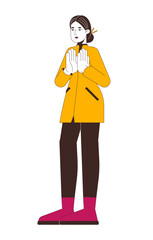 Modern chinese woman in autumn coat clapping hands 2D cartoon character. Applauding asian lady with chopsticks hair bun isolated person flat vector on white background. Spot illustration colorful