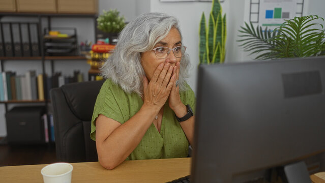 Woman looking shocked in an office setting with a green blouse and grey hair, hands covering her mouth while seated at a desk with bookshelves and plants in the background.