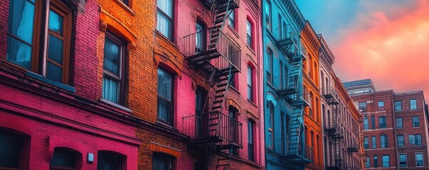 Obraz premium A row of old brick buildings with fire escapes, representing classic urban architecture