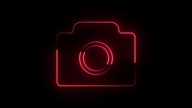 A neon camera icon features a glowing, vibrant camera outline, often in bright neon colors like pink, blue, or green, representing photography or video functions with a modern, eye-catching aesthetic.