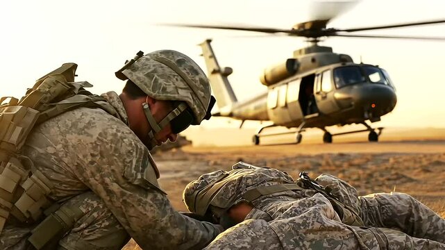 Military Medic Aiding Soldier on Battlefield with Helicopters