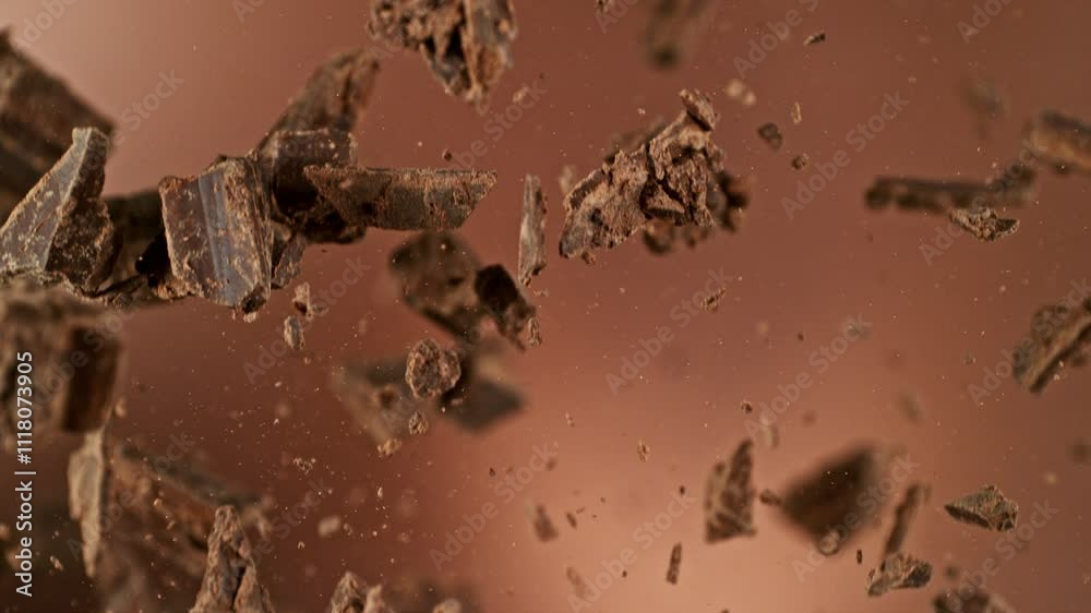 Aufkleber super slow motion of flying chocolate chunks up in the air. isolated on brown background. camera mov