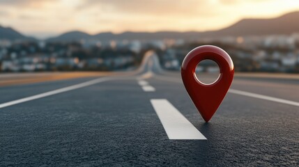 A vibrant red location pin stands prominently on a green patch of grass beside a winding asphalt road surrounded by lush trees in a blurred backdrop