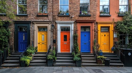 A row of townhouses with colorful doors, adding charm to the street