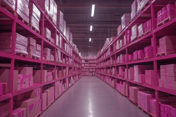Aisle view in a warehouse surrounded by pink shelves filled with boxes for storage
