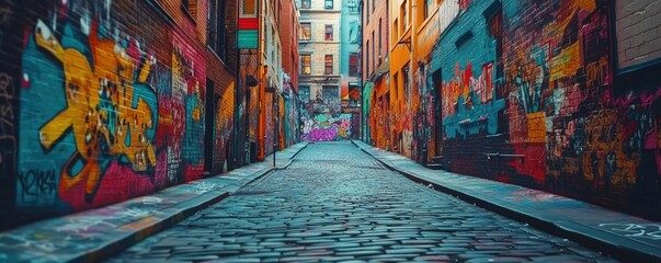 Fototapeta premium A series of graffiti murals in an alley, representing local culture