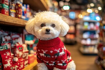 Cute Dog in Holiday Sweater for Festive Campaigns.