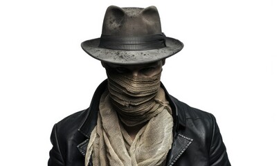 Fototapeta premium A figure stands against a simple background, wearing a stylish hat and scarf, exuding mystery and elegance while hiding their identity, evoking a sense of intrigue and sophistication
