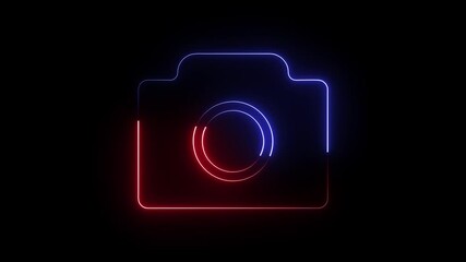 A neon camera icon features a glowing, vibrant camera outline, often in bright neon colors like pink, blue, or green, representing photography or video functions with a modern, eye-catching aesthetic.
