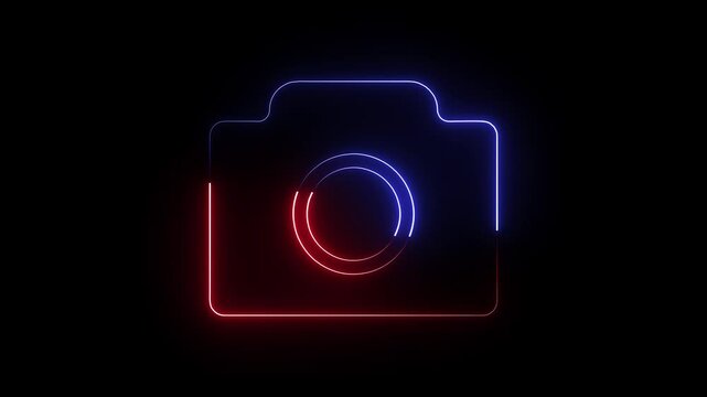 A neon camera icon features a glowing, vibrant camera outline, often in bright neon colors like pink, blue, or green, representing photography or video functions with a modern, eye-catching aesthetic.