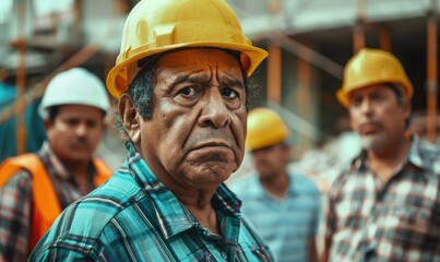 A group of construction workers in helmets and safety vests at a construction site, with determination and focus visible on their faces, representing hard work and dedication