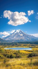 A stunning mountain landscape featuring a snow-capped peak, lush greenery, a serene lake, and a clear blue sky with fluffy clouds.