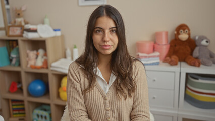 Woman sitting in a cozy bedroom with baby items around, showing a warm smile, brunette hair, hispanic features, surrounded by a cradle, plush toys, and a decorative shelf.
