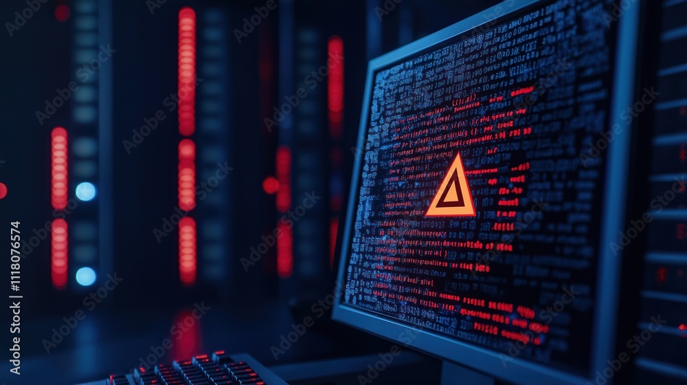 Poster server room shows tech alert on computer screen. dimly lit server room displays cybersecurity alert.