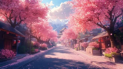 A street lined with cherry blossom trees, creating a colorful urban scene