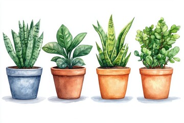 Fototapeta premium A collection of four potted plants in various pots, showcasing greenery and natural beauty.