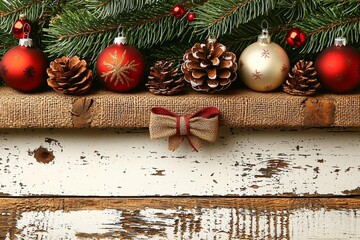seamless of  Burlap Christmas Bow, and Ornaments with Pinecones Isolated on W , isolated on white background,  , copy space, copy space for text,