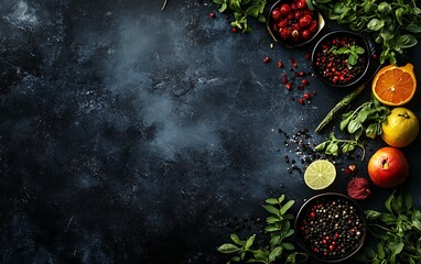Fresh ingredients and spices arranged on a dark background with copy space.