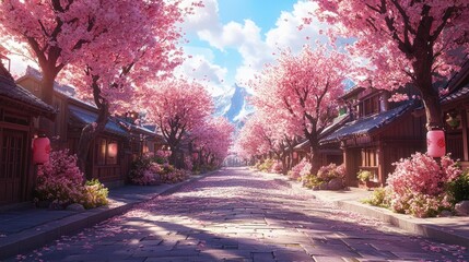 Fototapeta premium A street lined with cherry blossom trees, creating a colorful urban scene