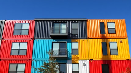 A vibrant building made of colorful shipping containers under a clear blue sky, showcasing modern architecture and innovative design.