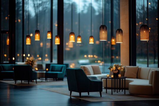 Luxury hotel lobby features warm lighting, comfy furniture. Empty lounge area with teal armchairs, beige sofas create relaxing ambiance. Modern design, subtle lighting, spacious feel. Blurred bokeh